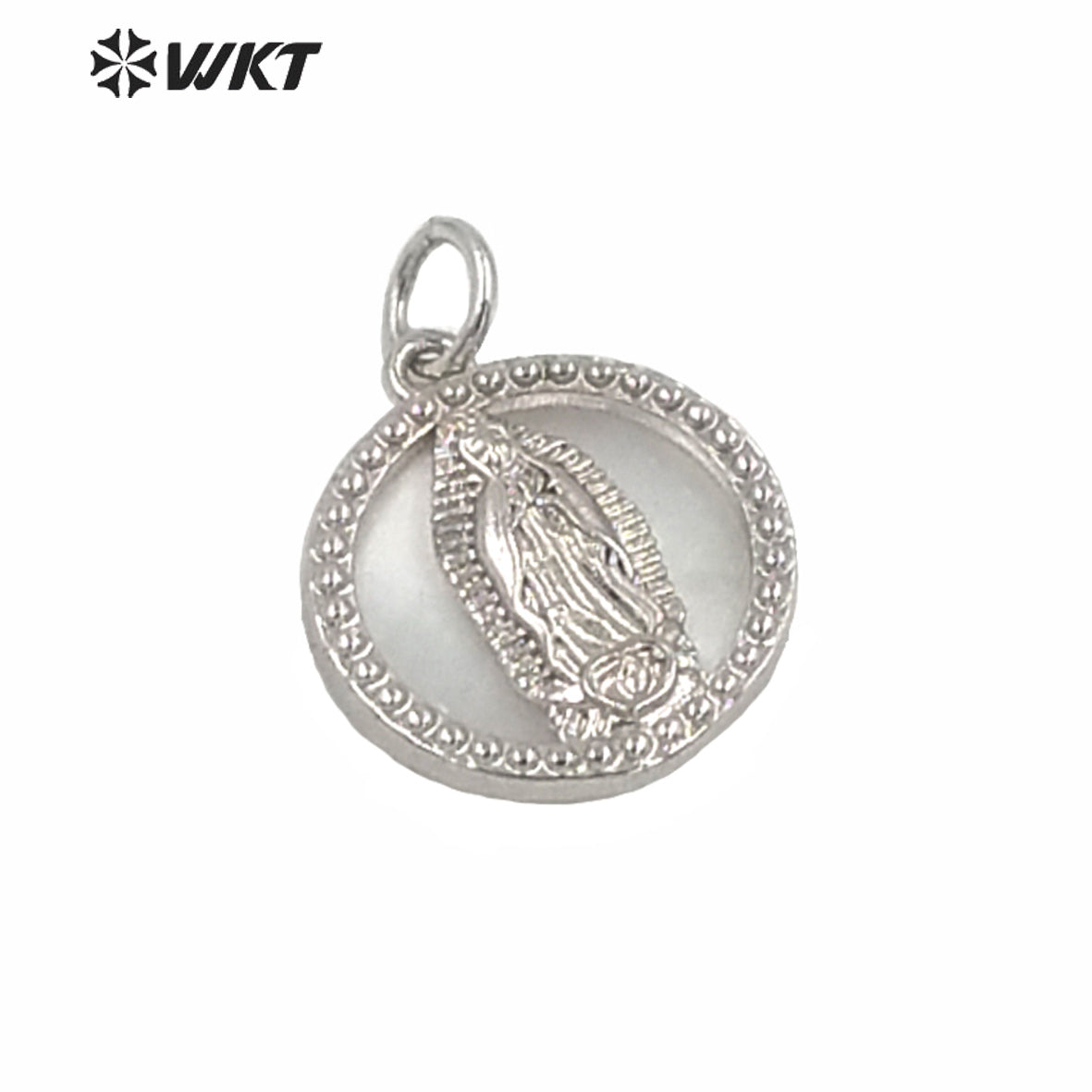 WT-MP156 WKT New Charming 15MM Natural Round Mop Shell Pendants Fashion Populared White Shell Gold Virgin Mary Pendants