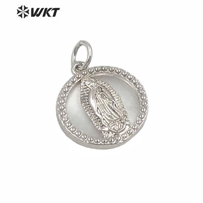 WT-MP156 WKT New Charming 15MM Natural Round Mop Shell Pendants Fashion Populared White Shell Gold Virgin Mary Pendants