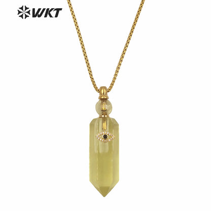 WT-N1248 New Design Hot Sales Hexagon Cube Shape Spirit Quartz Gemstone Perfume Bottle Necklace with Eye Charm for Women