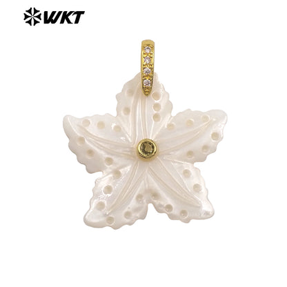 WT-JP521 Lovely Interesting Zircon And Natural White Shell Starfish Shape Gold Pendant For Women Handmade Jewelry Decorative
