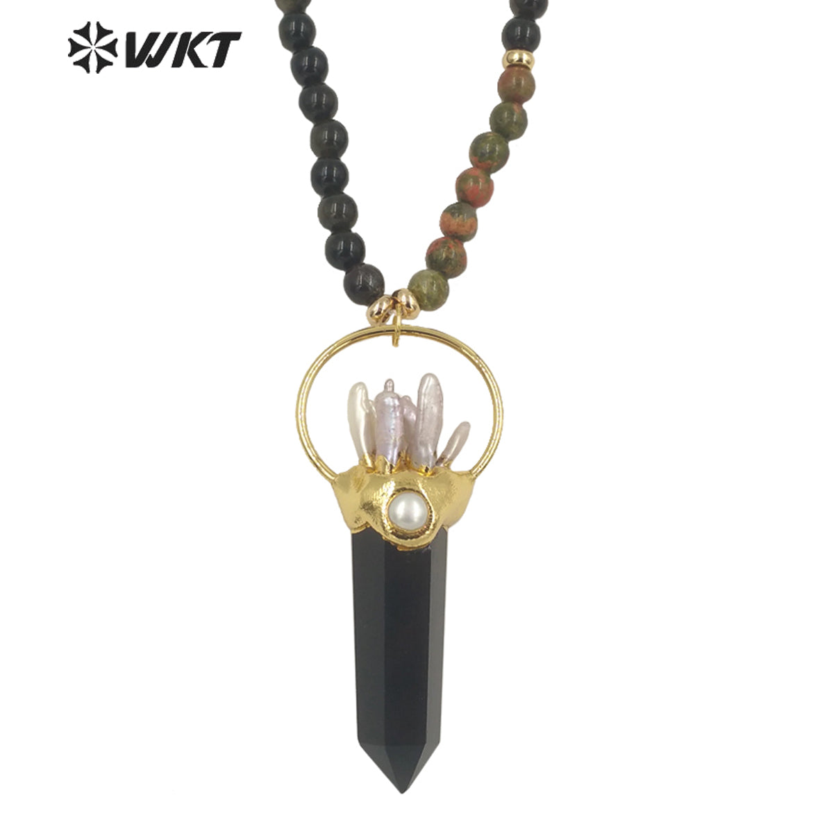 WT-N1338 WKT Women Fashion 30 Inch Long Bead Necklace Handmade Vintage Boho Gemstone Big Quartz Point Necklace Beads Necklace