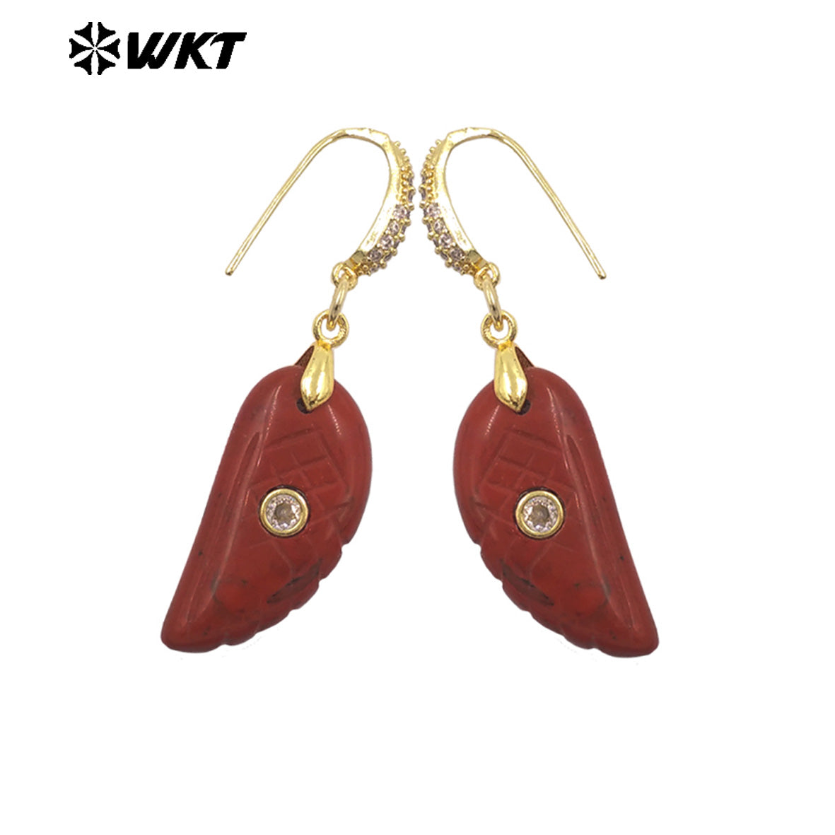 WT-E818 Wholesale Trendy Natural Gemstones Hand Carved Feather Shape Women Gold Earrings For Lady Dance Party Wearing Accessory