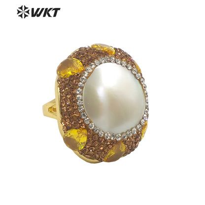 WT-MPR085 New Popular Handmade Design Gold Rhinestone and Freshwater Pearl Mabe Fashion Adjustable Zircon Ring