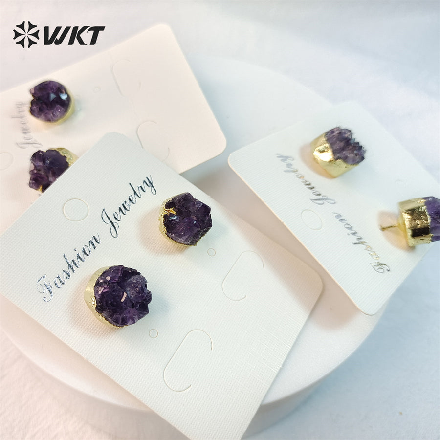 WT-E074 NEW Tiny Round Druzy Earrings Druzy Stud Earrings, Gold Plated Drusy Earrings, Amethyst Druzy Stud Earrings