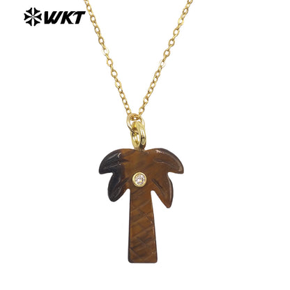 WT-N1534 Amazing Various Natural Gemstones Carved Coconut Trees Shape Charms Gold Necklaces For Women Fashionable Jewelry