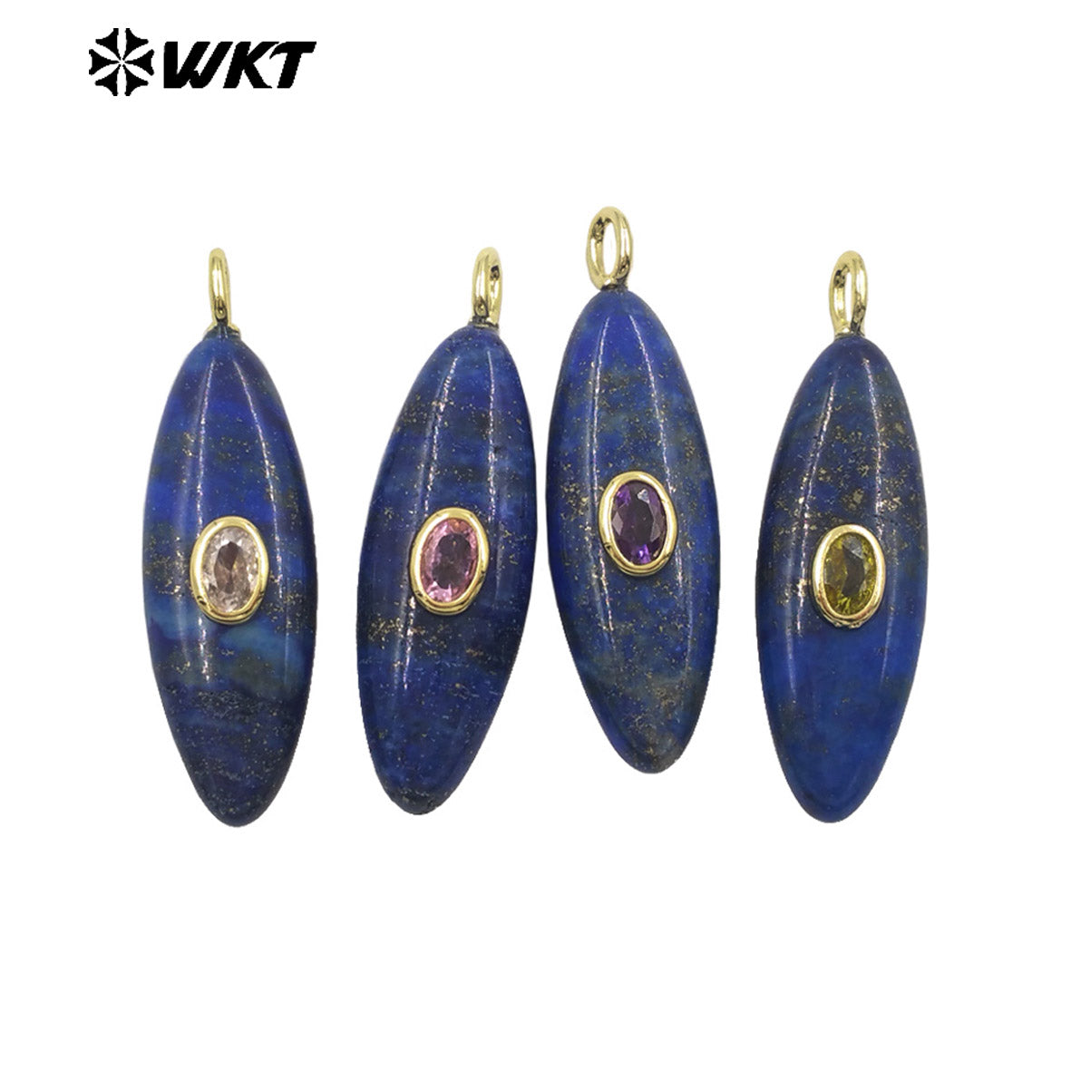 WT-P2053 Popular Style Zircon Gold Plated Natural Gemstones Long Oval Shape Pendants For Women Necklace Making Findings