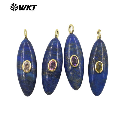 WT-P2053 Popular Style Zircon Gold Plated Natural Gemstones Long Oval Shape Pendants For Women Necklace Making Findings