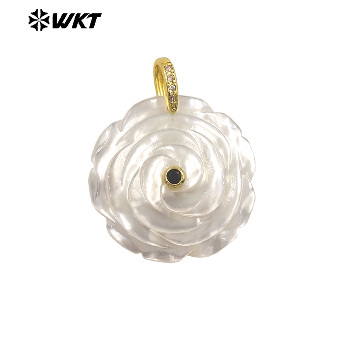WT-JP474 High Quality Zircon Setting In Mother Of Pearl Hand Carved Flower Shape Gold Pendants As Necklace DIY Accessories