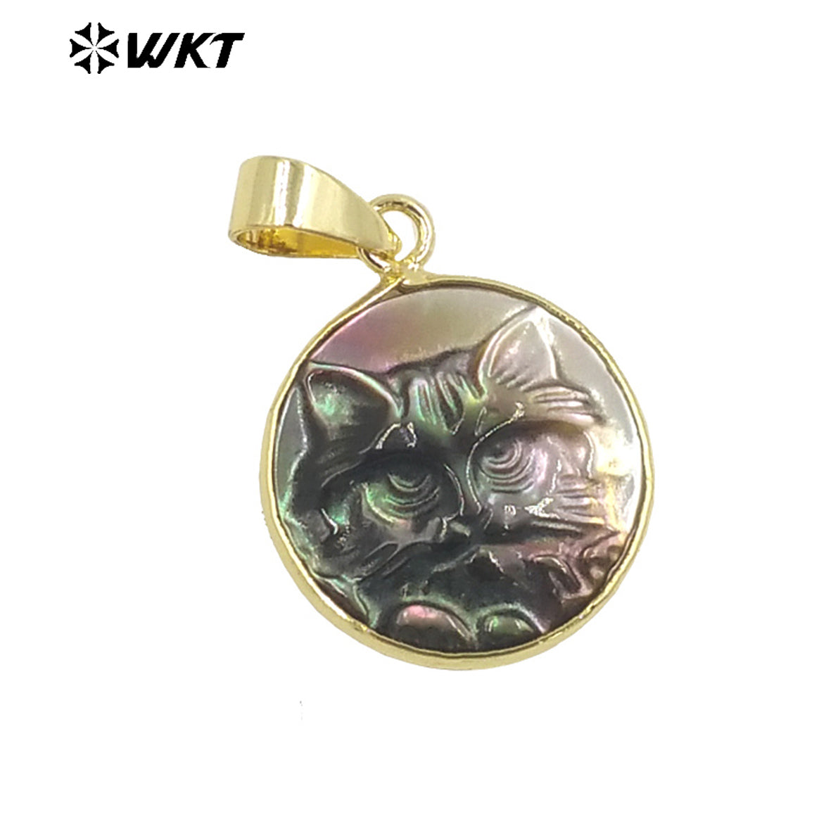 WT-JP346 WKT New Arrival Novel Cat Engraved Colorful Design Ball Shaped Gold Plated Necklace Pendants Shell Pendant