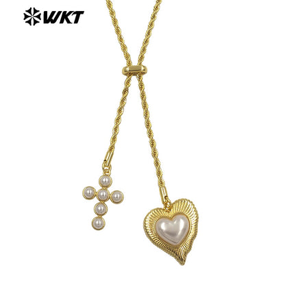 WT-JFN52 Elegant Style Brass And Artificial Pearl Gold Plated Cross Heart Shape Charms Metal Necklace For Friends Romantic Gift
