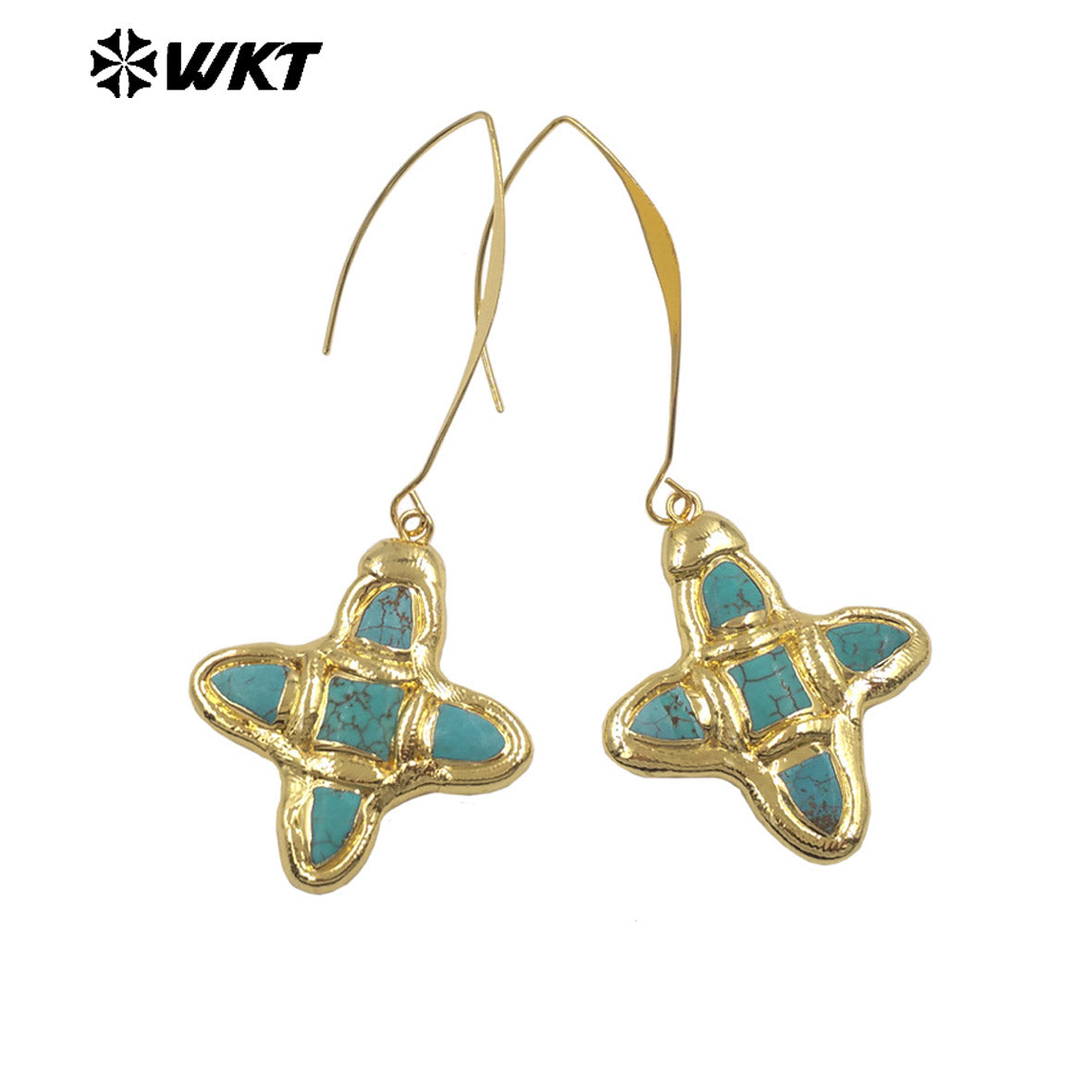 WT-E804 Popular Style Gold Electroplated Natural Turquoise And Pearl Cross Pendant Long Earrings As Women Daily Decorations