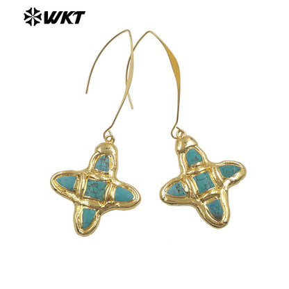 WT-E804 Popular Style Gold Electroplated Natural Turquoise And Pearl Cross Pendant Long Earrings As Women Daily Decorations