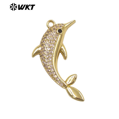 WT-MP328 Beautiful Lovely Gold Plated Yellow Brass And Zircon Dolphin Shape Little Pendant As Women Earrings Bracelets Findings