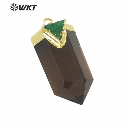 WT-P1609 WKT New Design Wholesale Natural Smoky Quartz Pendant Women Gold Hexagonal Quartz with Druzy Charm Pendant