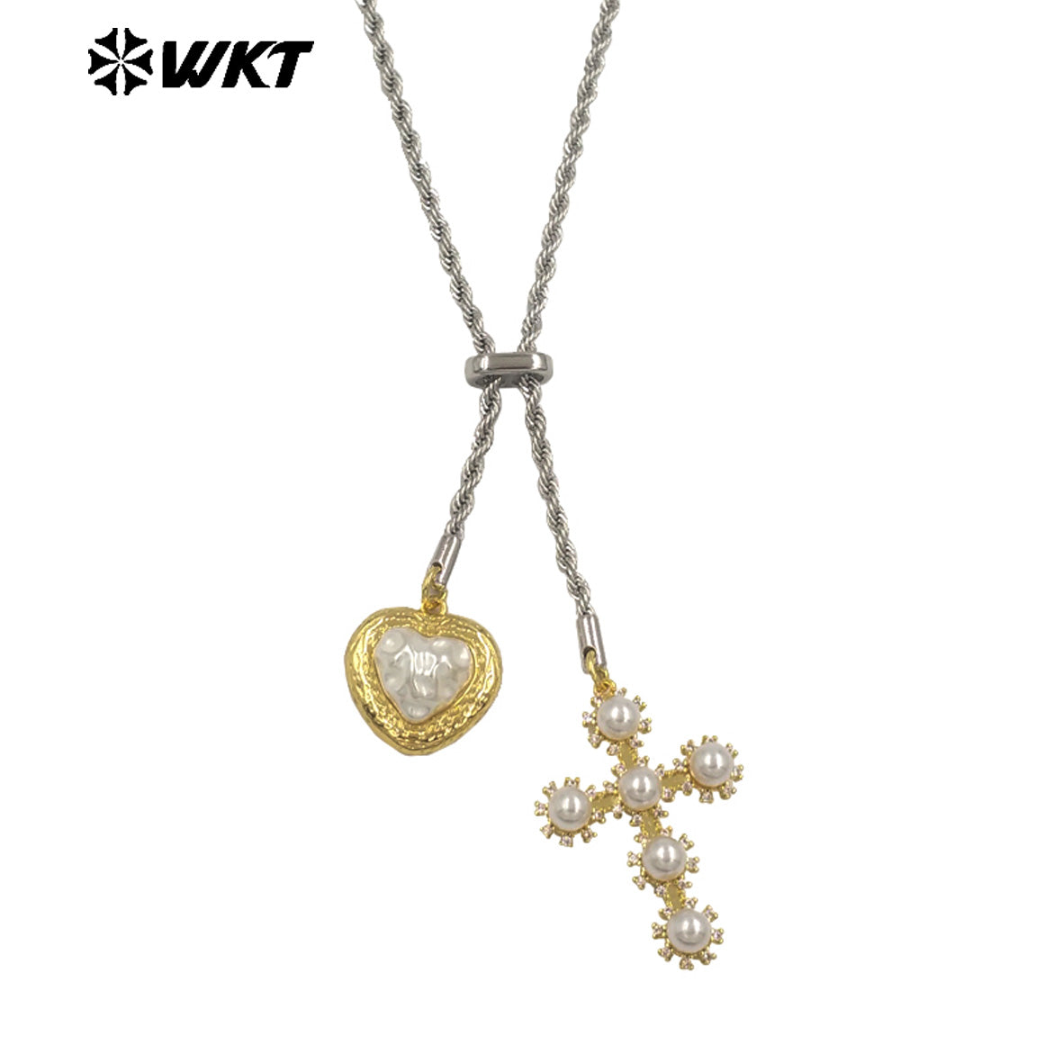 WT-JFN55 Exquisite Gold Plated Brass And Artificial Pearl Cross Heart Charms With Silver Metal Chain Necklace For Party Wearing