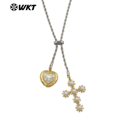 WT-JFN55 Exquisite Gold Plated Brass And Artificial Pearl Cross Heart Charms With Silver Metal Chain Necklace For Party Wearing