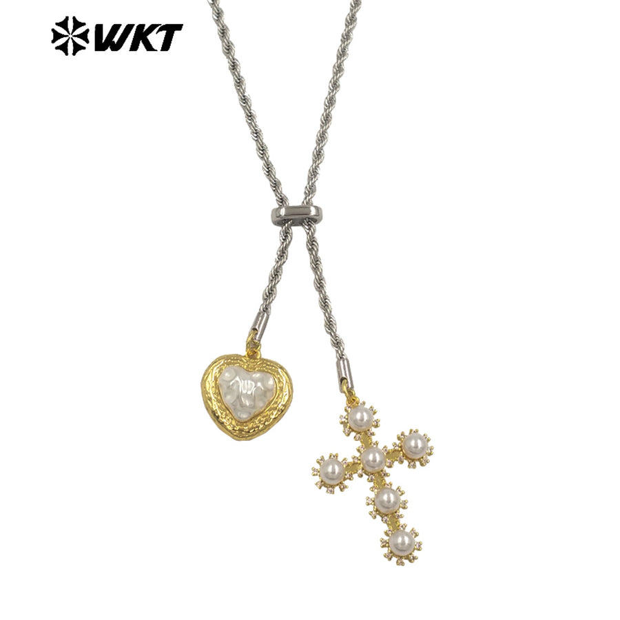 WT-JFN55 Exquisite Gold Plated Brass And Artificial Pearl Cross Heart Charms With Silver Metal Chain Necklace For Party Wearing