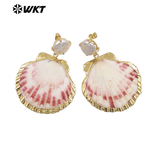 WT-MPE164 Popular Sales Ladies 18K Gold Natural Scallop Shell And Pearl Earrings For Summer Beach Vacation Jewelry Accessory