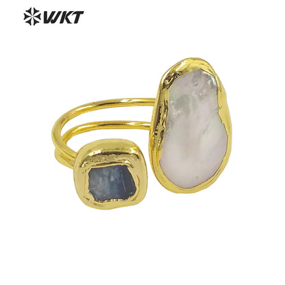 WT-MPR036 Refined Elegant Ladies Rings Blue Kyanite 18k Gold Plated Rings Open Adjustable Size Natural Pearl Gemstone Rings