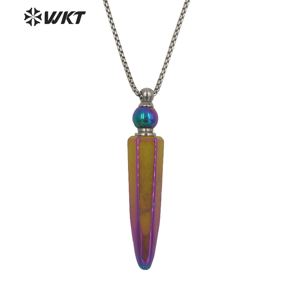 WT-N1281Wholesale Gold Titanium Electroplated Rainbow Blue Crystal Quartz Perfume Bottle Necklace for Essencial Oil