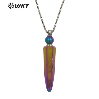WT-N1281Wholesale Gold Titanium Electroplated Rainbow Blue Crystal Quartz Perfume Bottle Necklace for Essencial Oil