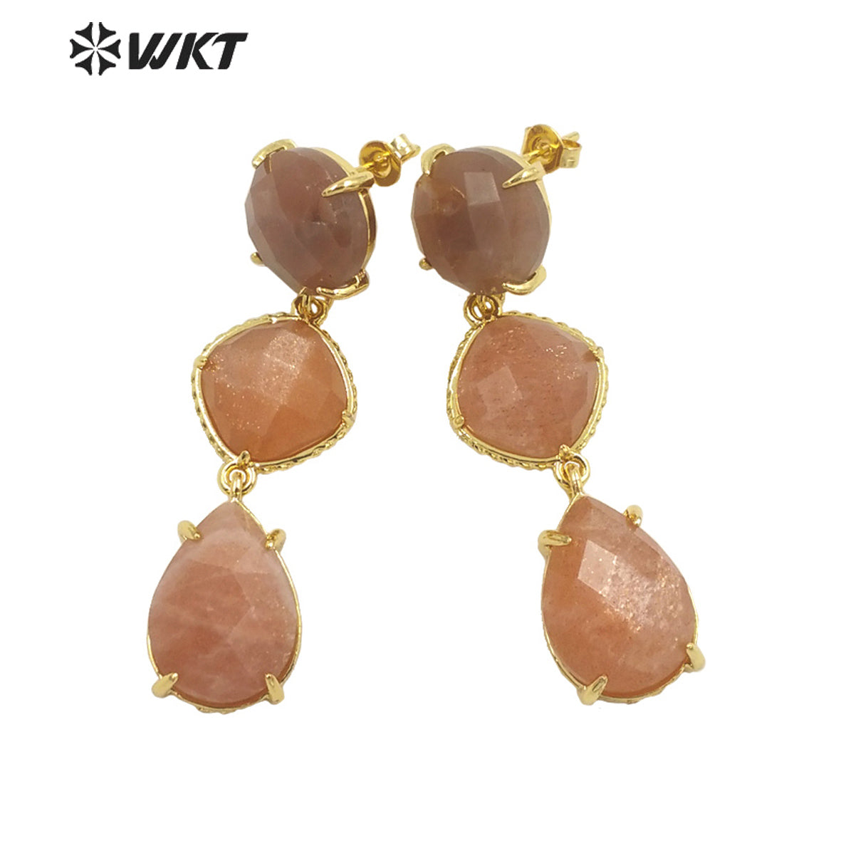 WT-E689 Wholesale Fashion Triple Stone Long Dangle Earrings Gorgeous Lady Prong Setting Natural Gemstone Birthday Stone Earrings