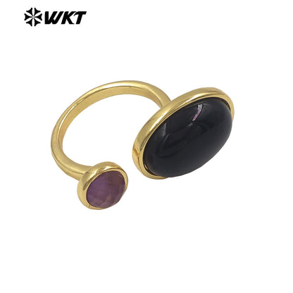 WT-R588 Wholesale Trendy Gold Electroplated Double Natural Gemstones Adjustable Rings As Lady Daily Decoration Jewelry