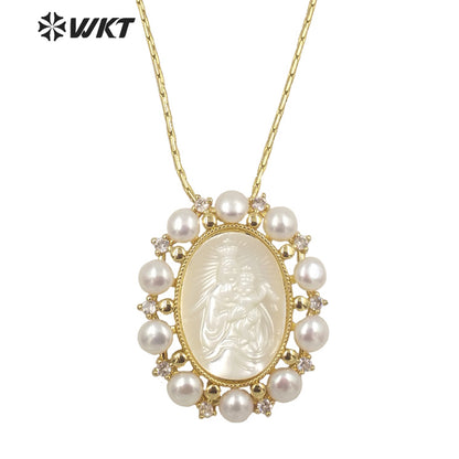 WT-JN166 WKT 2022 Fashion and Noble \White Shell and Pearl Virgin Mary Jesus Necklace for Big Party Women Retro Necklace