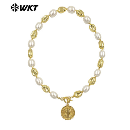 WT-JN303 Customize 18K Gold Plated and Silver Round Flat Pearl Beads Religious Shell Necklace Fashion Special Jewelry for Ladies
