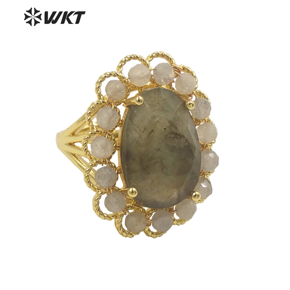 WT-R460 Wholesale Newest Gorgeous Women Oval Natural Amazonite Wedding Ring Faceted Stone Beads Anniversary Ring in Gold