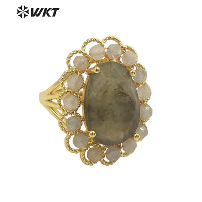 WT-R460 Wholesale Newest Gorgeous Women Oval Natural Amazonite Wedding Ring Faceted Stone Beads Anniversary Ring in Gold