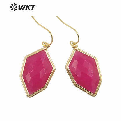 WT-E740 Amazing Colorful Elegant Natural Cat Eye Stone Hexagon Shaped Long Charming Earrings Women Pendant Earrings