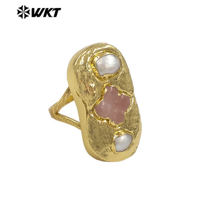 WT-MPR154 Exclusive Design Gold Plated Amethyst Natural Gemstone And Freshwater Pearls Cross Rectangle Rings For Party Jewelry