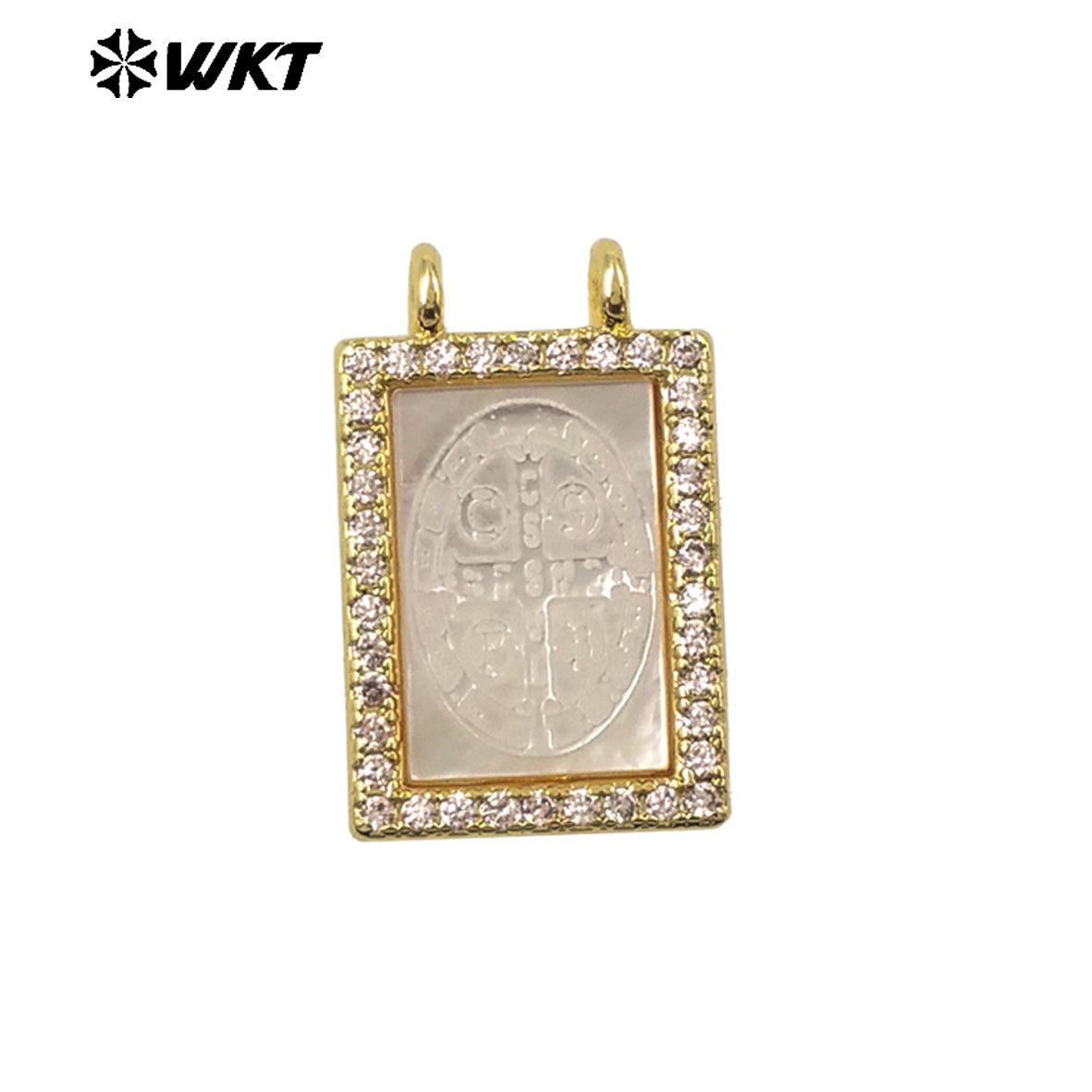 WT-JP484 Fashion Newest Religious Style Gold Plated White Shell Samll Pendant With Double Hoops For Women Necklace Making