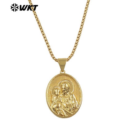 WT-JFN35 New Sales Yellow Brass Oval Shape Religion Pendant Necklace Multi Patterns Gold Plated Chain Women Daily Wearing