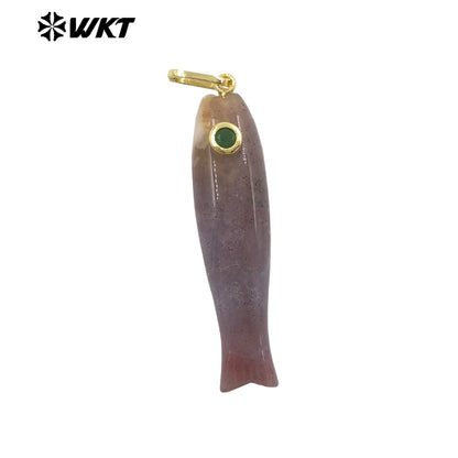 WT-P2114 Interesting Cute Style Natural Gemstones And Zircon Long Fish Shape Charms Pendants For Women Trendy Earrings DIY