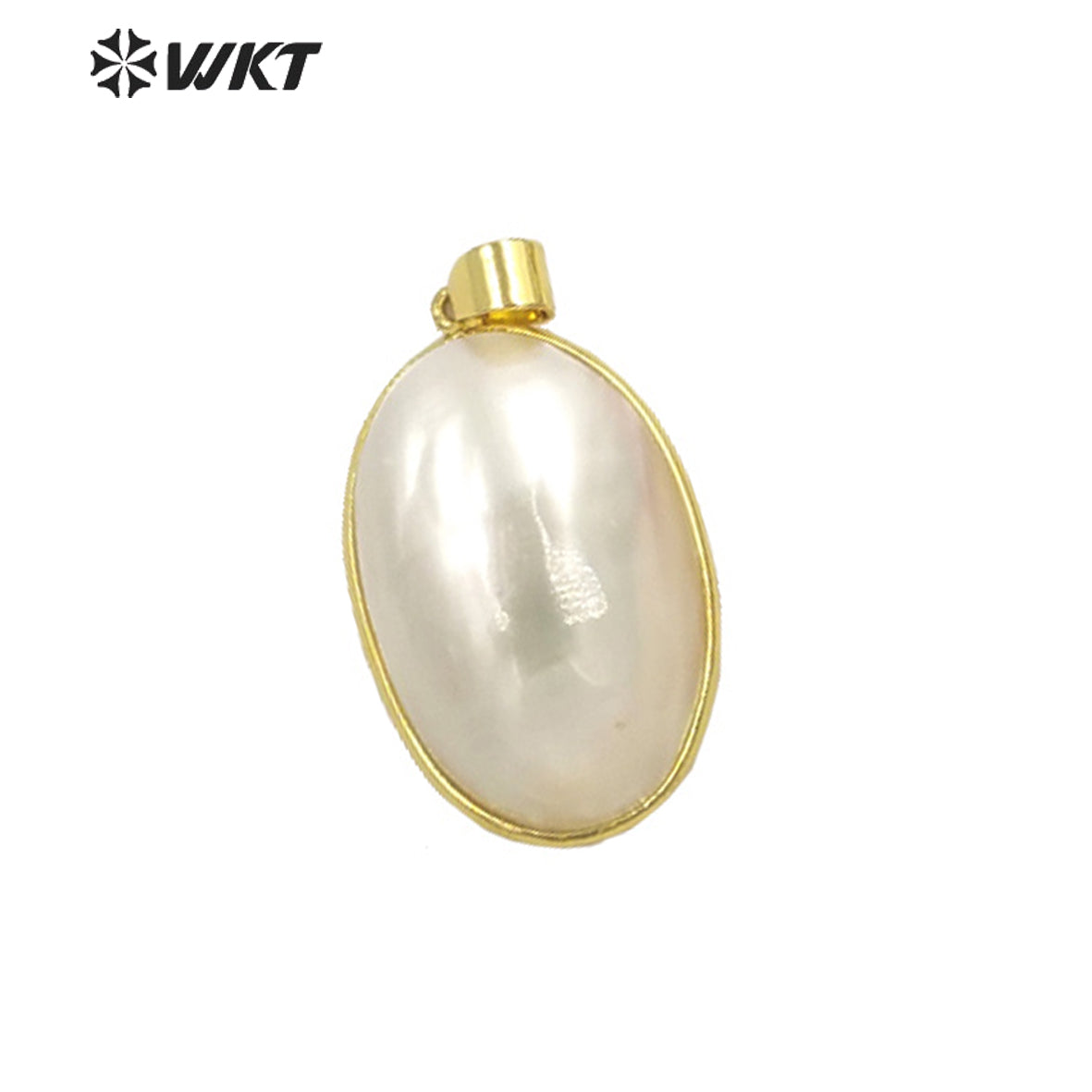 WT-JP338 Wholesale Fashion Gold Bezel Brightly Natural Mabe Shell Pendant Long Oval pink Shell Jewelry Pendant for Friend Gift