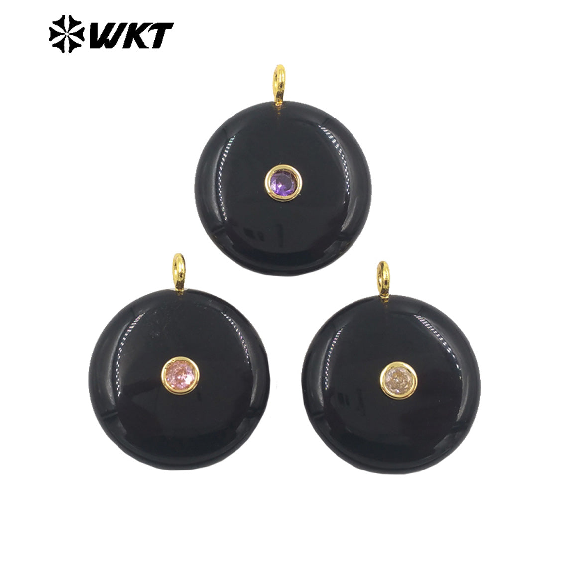 WT-P2086 Good Quality Amethyst Various Natural Gemstone And Zircon Round Gold Pendant For Simple Style Necklace Earring Making