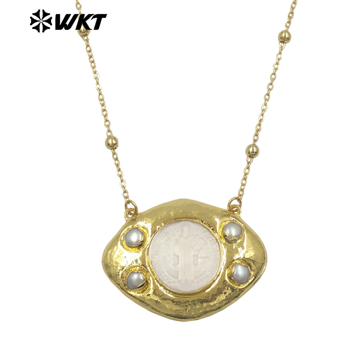 WT-JN391 High Quality Thin Bead Chain With Gold Electroplated Religious Patterns MOP Charms Necklaces For Lady Fashion Jewelry