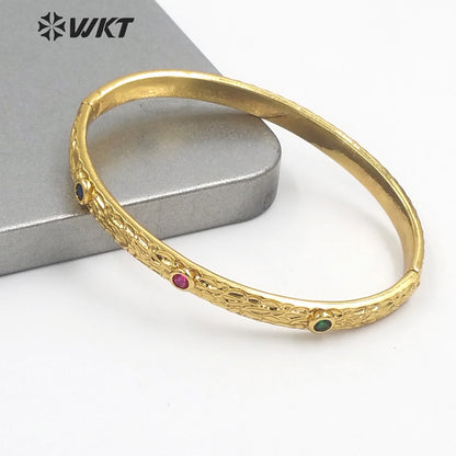 WT-B619 New 18K Real Gold Plated Resist Tarnishable Cubic Zircon Round Cuff Bangle for Women Dubai Hot Metal Bangle