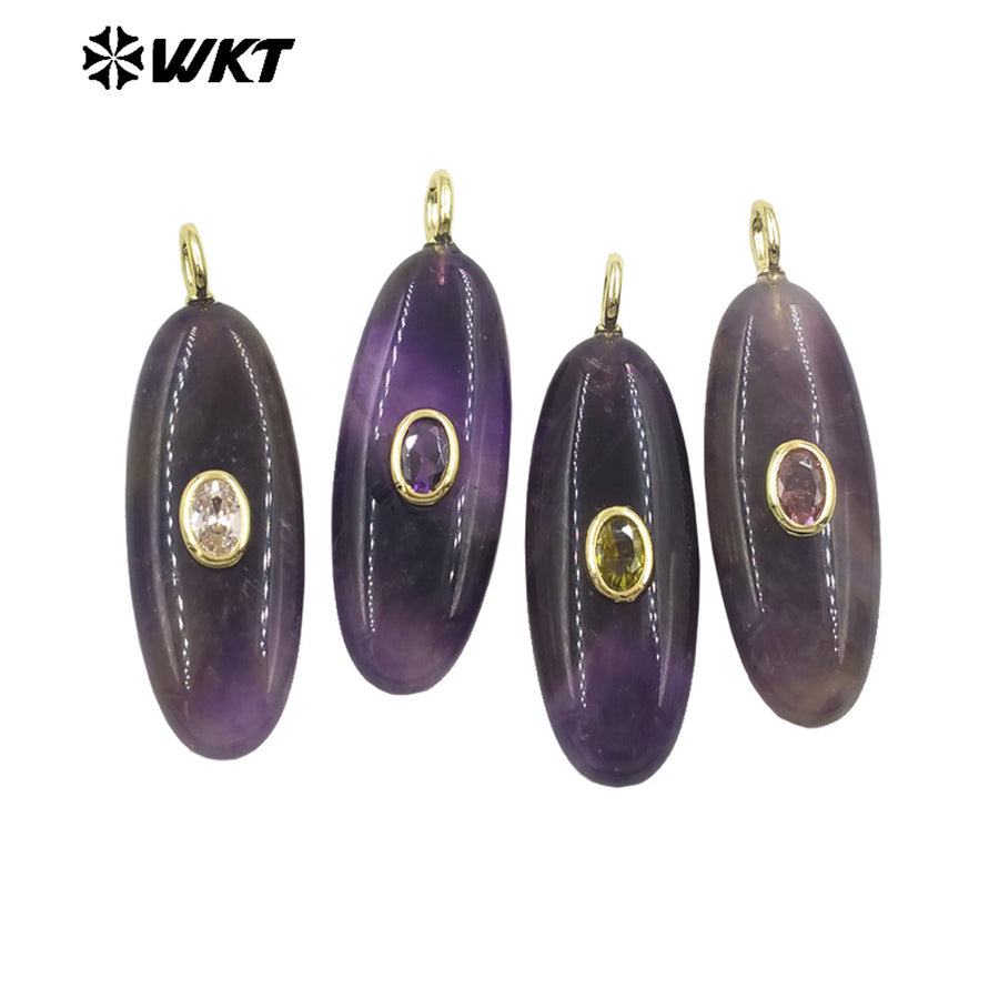 WT-P2073 Factory Wholesale Multiple Natural Gemstones Setting In Zircon Gold Color Long Pendants As Female Jewelry Decoration