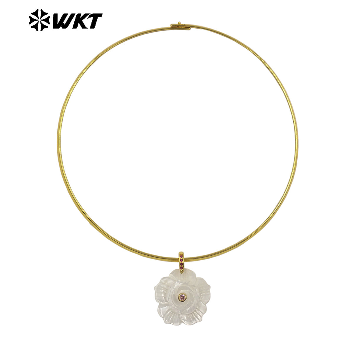 WT-JN382 Popular Design Gold Plated Natural Shell Zircon Flower Shape Pendant Chockers Necklace For Women Party Jewelry