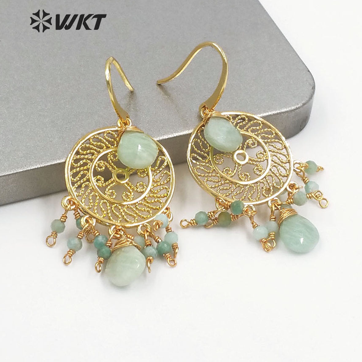 WT-E695 Bohemia Fashion Gold Gypsy Earrings with Natural Gemstone Made Dangle Earrings Handmade DIY Stone Hoop Earrings