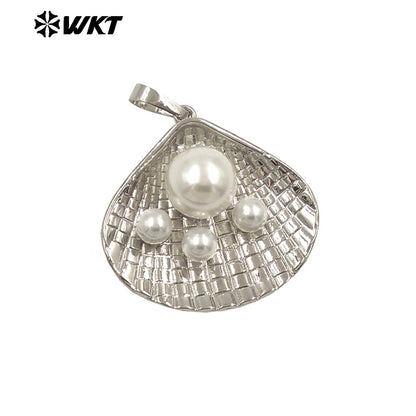 WT-JP399 Wholesale New Arrival Three Manmade Pearl Pendant Gold/Silver Plated Shell Shape For Women Jewelry Making Accessory