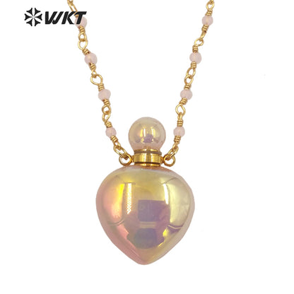 WT-N1331 Ins Hot Amazing Gorgeous Rose Quartz with Aura Perfume Bottle Necklace Essencial Oil Stone Bottle Pink Aura Stone