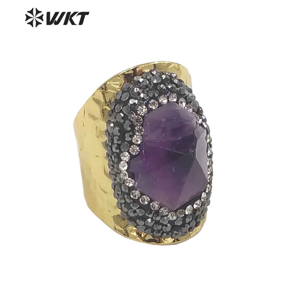 WT-R447 WKT New Design Natural Brazil Cluster Amethyst Stone Ring Fashion Gold Rhinestone Ring for Party Lucky Ring