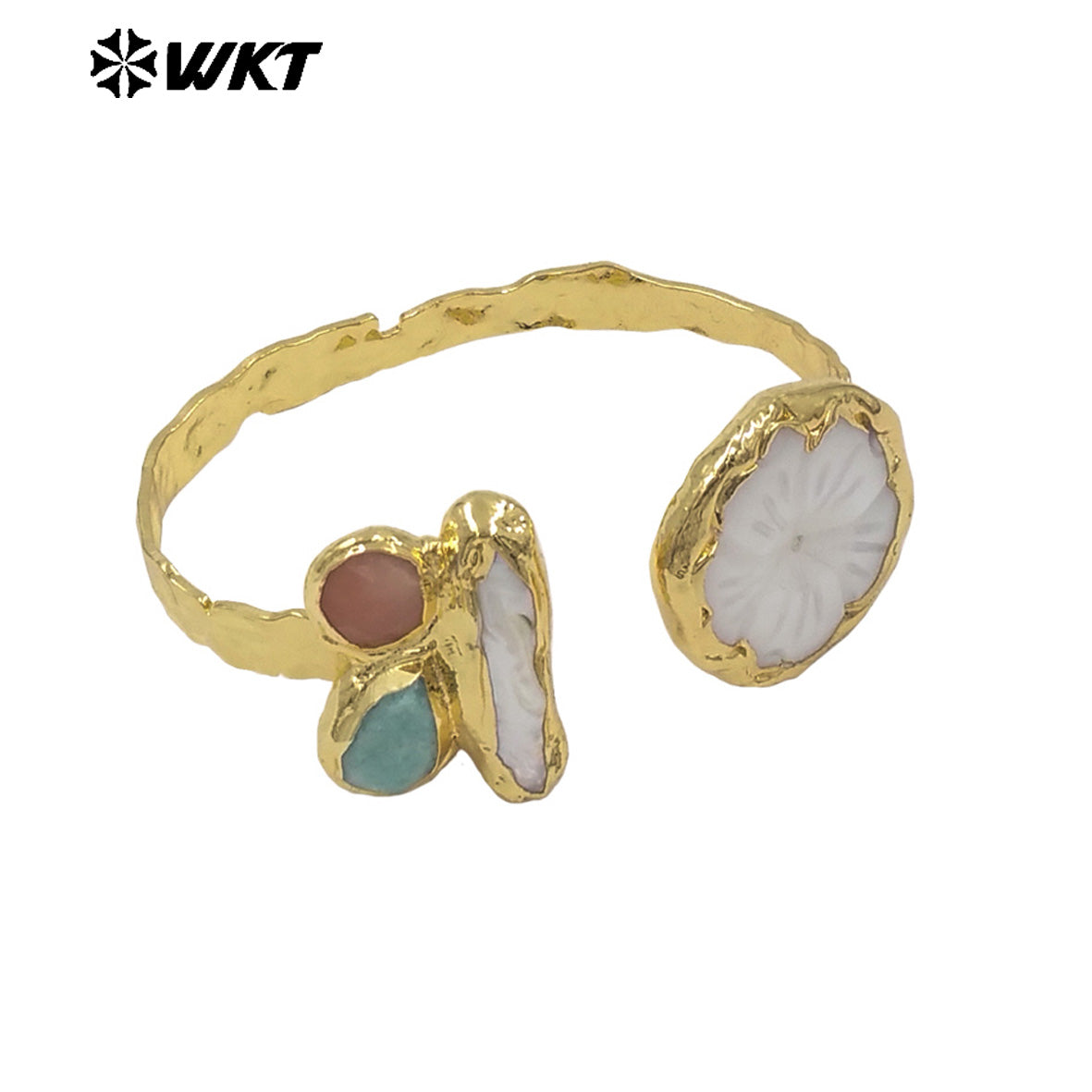 MPB139 Exclusive Unique Design Gold Plated Carved Flower Shape Shell And Natural Stone Pearl Splicing Women Bangles As Gifts