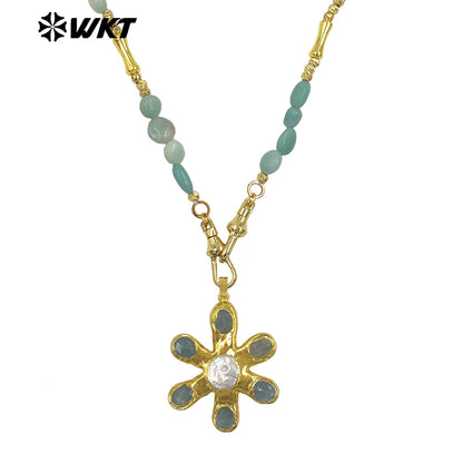 WT-JN379 Delicate Gold Plated Brass Splicing Beads Chain With Natural Stone And Pearl Flower Shape Pendants Necklaces As Gift