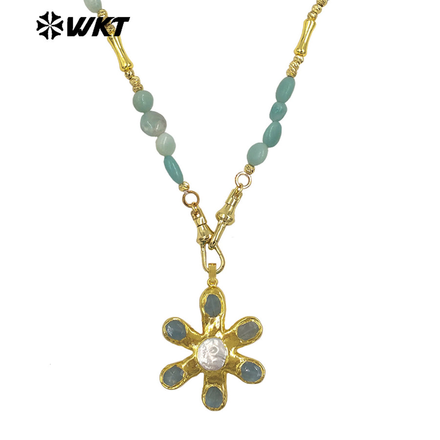 WT-JN379 Delicate Gold Plated Brass Splicing Beads Chain With Natural Stone And Pearl Flower Shape Pendants Necklaces As Gift