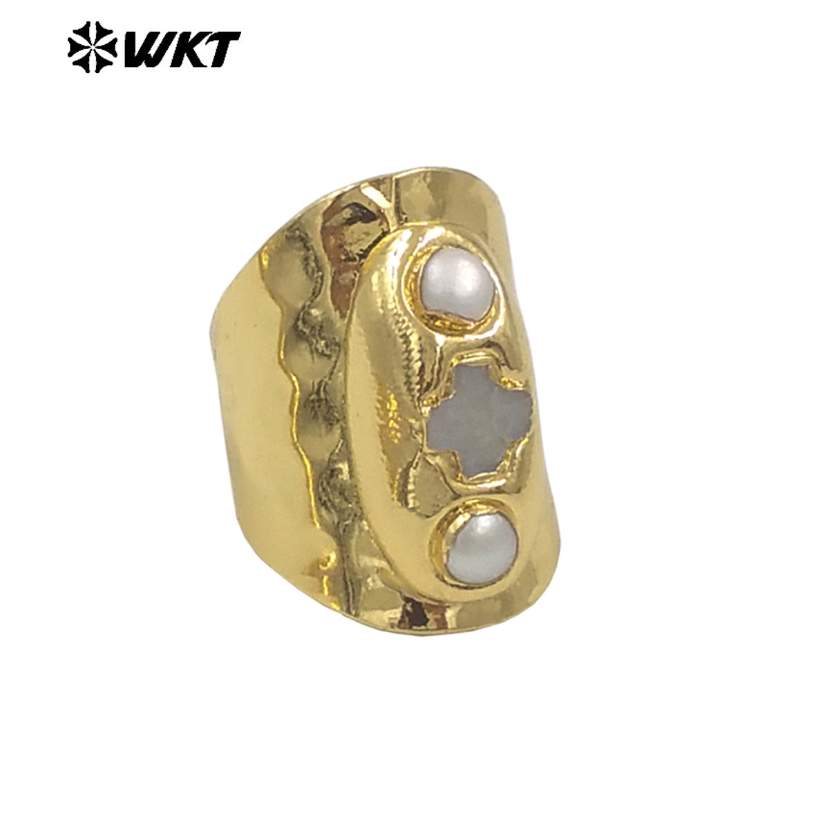 WT-MPR130 New Arrival 18K Gold Plated Religious Ring Jewelry With Double Pearls and Cross Shape Stone Adjustable Size for Party
